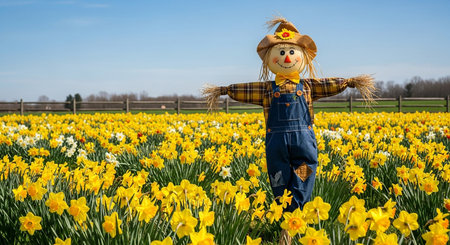 Daffodils, daffodils and scarecrow in a field in Hollandの素材