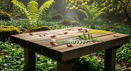 Wooden table in the garden with ferns and butterflies.の素材