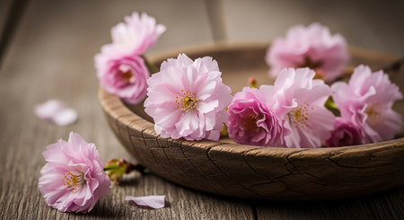 cherry blossom in wooden bowl on wooden background, selective focusの素材