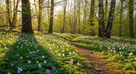 Beautiful spring landscape with blooming wood anemones in the forest.の素材