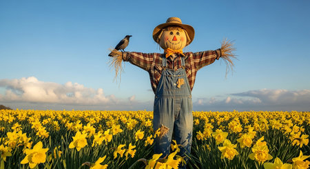 scarecrow with daffodils in the field in springtimeの素材