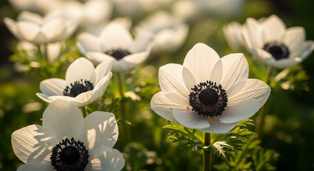 White anemone flowers on a meadow in the sunlight.の素材
