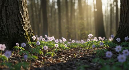 Anemone nemorosa in the forest at sunset, close upの素材