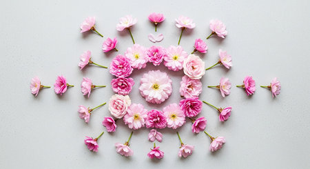 Flowers composition. Frame made of pink flowers on gray background. Flat lay, top view, copy spaceの素材