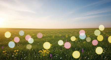 Sunset over a green meadow with flowers and bokehの素材