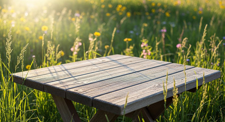 Empty wooden table in a meadow with wildflowers at sunsetの素材