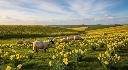 Sheep and daffodils in a spring field in Englandの素材