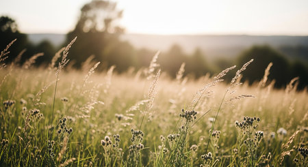 Sunset in the meadow with grass and flowers. Beautiful summer landscape.の素材