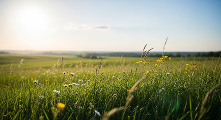 Sunset over a green meadow with wildflowers in summerの素材