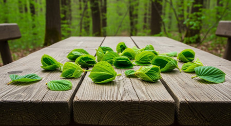 Green leaves on a wooden bench in the forest. Nature background.の素材