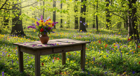 Vase with spring flowers on the table in the green forest.の素材