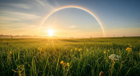 Sunset over a green meadow with yellow flowers and a rainbowの素材