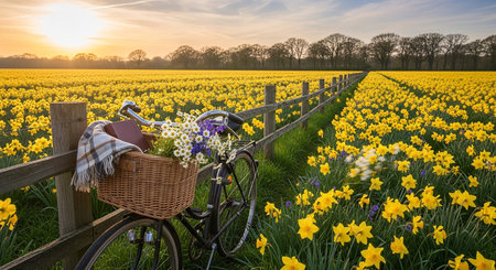 Bicycle with basket full of flowers in a daffodil field at sunsetの素材