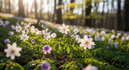 Anemone nemorosa flowers in the forest at sunset.の素材