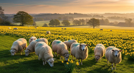 Flock of sheep on a meadow with daffodils at sunriseの素材