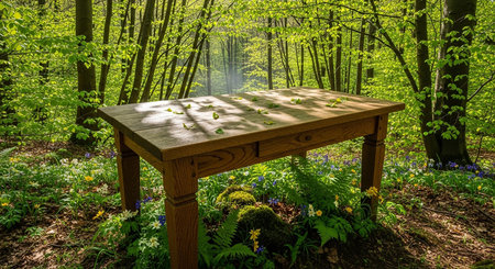 Wooden table in the forest with beautiful spring flowers in the backgroundの素材