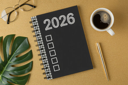 Top view of notebook with goals 2016 and coffee cup on brown backgroundの写真素材
