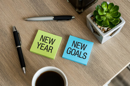 New Year Goals text on sticky notes with coffee on the table.の写真素材