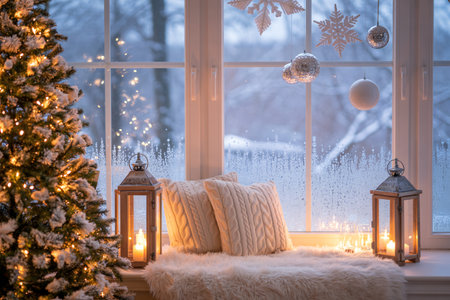 Beautiful winter interior with Christmas tree, candles and snowflakesの写真素材
