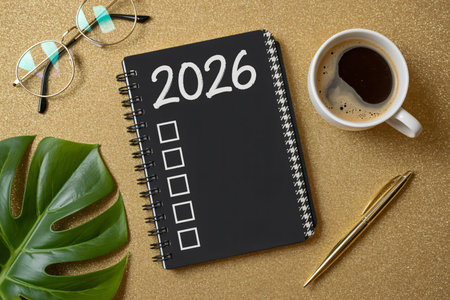 Notebook with goals list and office supplies on golden background.の写真素材