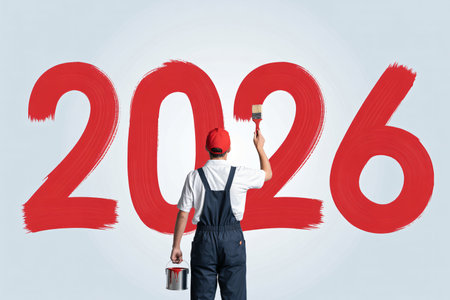 Builder man painting number 2016 on wall with paint brush. New year conceptの写真素材