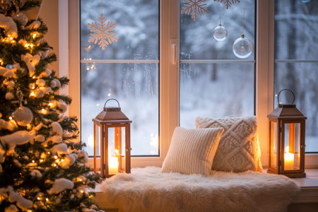 Beautiful winter interior with Christmas tree, candles and snowflakesの写真素材