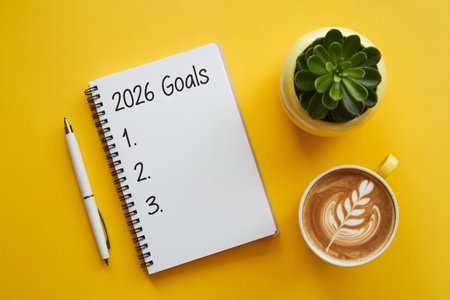 2021 goals list with notebook and cup of coffee on yellow backgroundの写真素材