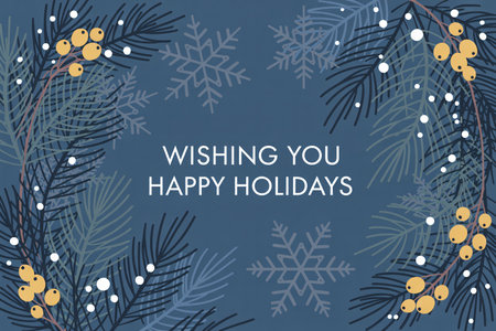 Merry Christmas and Happy Holidays greeting card with fir branches, berries and snowflakes.の写真素材