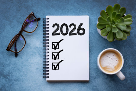 New Year text on notebook with glasses and coffee on blue background
