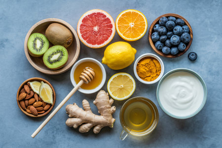 Healthy food for colds, flu and runny nose on blue background.の写真素材