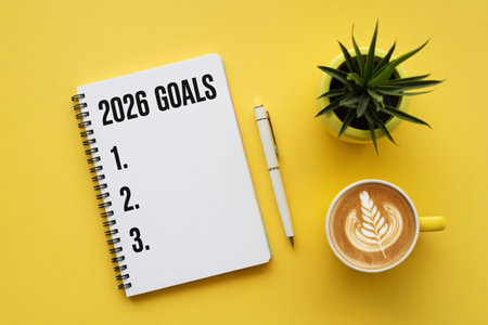 2022 goals list with notebook, pen and coffee cup on yellow backgroundの写真素材