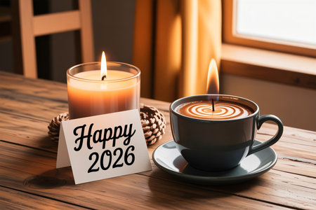 Happy new year card with coffee cup and candle on wooden tableの写真素材