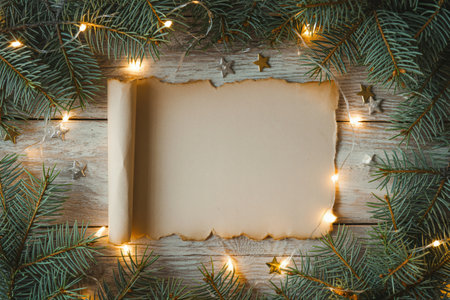 Christmas card with fir tree branches and garland lights on wooden backgroundの写真素材