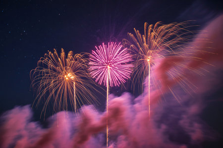 Colorful fireworks of various colors over night sky background, celebration conceptの写真素材