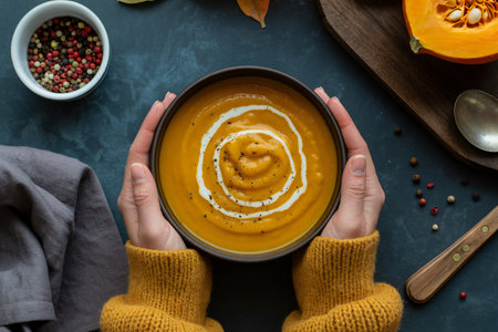 Female hands in yellow sweater holding bowl of pumpkin soup with cream on dark backgroundの写真素材