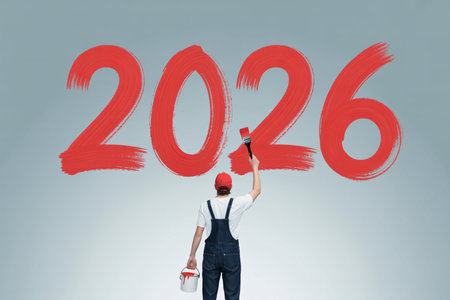 Builder in overalls and helmet painting numbers on wall with paint rollerの写真素材