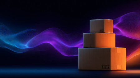 Stacked corrugated cardboard shipping boxes sit in the foreground against a dramatic dark background dominated by flowing abstract digital waves glowing in vibrant blue and purple hues symbolizing the speed and connectivity of modern global logistics and efficient supply chain management within e-commerce operations.の写真素材