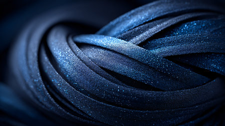 Dark blue shimmering textile folds create an intricate abstract background texture featuring numerous tiny bright light specks mimicking starlight or glitter scattered across the rich deep navy material that wraps into smooth elegant curves emphasizing depth and luxurious surface quality perfect for fashion themes or sophisticated graphic design projects requiring a dramatic dark yet illuminated visual element.の写真素材