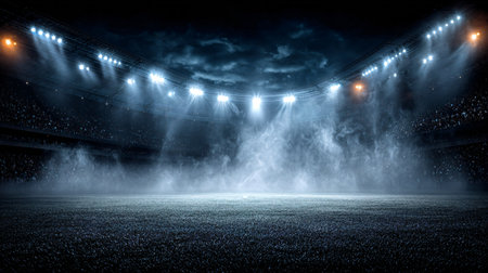 Empty stadium pitch glows under intense bright stadium spotlights piercing through thick swirling fog and casting dramatic shadows across the dark grass field while a massive unseen crowd watches from the shadowy stands under a menacing stormy night sky suggesting anticipation before a major sporting event or high-stakes competition.の写真素材