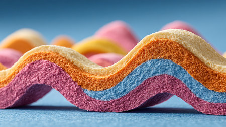 Wavy layers of brightly colored sandwich bread showcasing distinct porous texture in shades of cream orange blue and magenta form an abstract landscape against a solid blue background representing fun food design or a whimsical confectionery concept captured in sharp macro focus to highlight surface detail and vibrant visual appeal.の写真素材