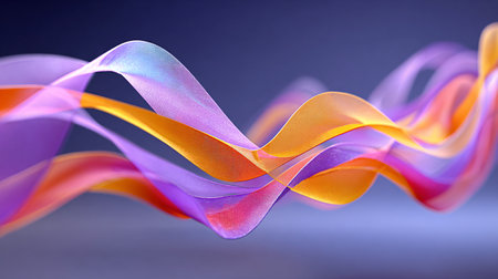 Beautifully rendered flowing abstract ribbons featuring interwoven strands of luminous purple and rich orange hues drift across a deep indigo backdrop creating a sense of delicate digital movement and vibrant sophisticated visual energy perfect for modern technology themes or creative backgrounds.の写真素材