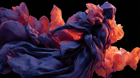 Abstract composition features billowing sheets of translucent fabric dramatically lit with contrasting warm orange and cool indigo tones against a deep black void emphasizing the rich texture and elegant swirling motion of the lightweight material.の写真素材