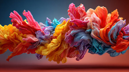 Dynamic abstract composition showcases a magnificent swirling mass of vividly colored, richly textured materials resembling flowing silk or fabric caught mid-air creating an ethereal wave against a moody dark and red gradient backdrop perfect for modern artistic expression or vibrant visual design concepts.の写真素材
