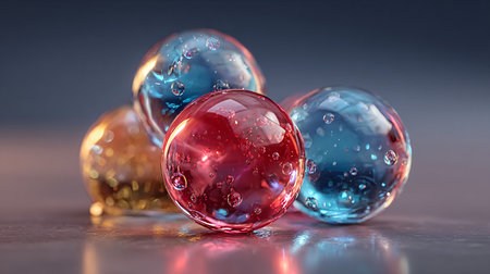 Group of four luminous crystalline spheres featuring internal effervescence and vibrant color variation including dominant red and blue hues rest closely together on a glossy reflective foreground against a subdued background creating a mesmerizing abstract composition perfect for themes involving science technology chemistry or futuristic visual concepts emphasizing detailed refraction and subsurface scattering effects.の写真素材