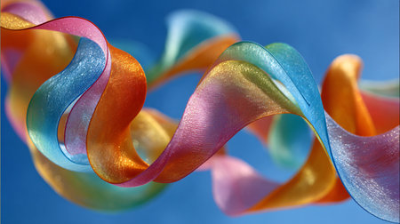 Colorful shimmering sheer ribbons weave and twist dramatically across the frame creating beautiful undulating shapes against a solid bright blue backdrop emphasizing texture motion and celebration with rich saturated colors perfect for a festive or abstract design element.の写真素材