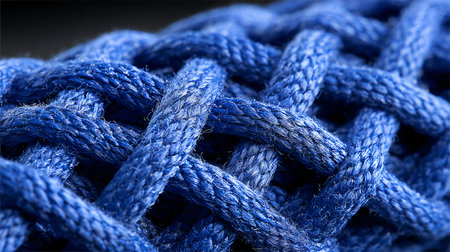 Intense macro photograph captures the rich blue color and complex interlocking weave of thick synthetic rope strands showcasing fine fiber detail and a strong braided texture against a dark background perfect for concepts involving connection strength binding or maritime activities.の写真素材