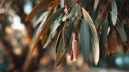 Close up focus on the dark green, elongated leaves and fuzzy brown gum nut pods of a eucalyptus tree branch set against a softly blurred background featuring warm amber and cool teal bokeh highlights, emphasizing the intricate venation of the foliage and the unique texture of the developing seed capsules in a serene outdoor setting.の写真素材