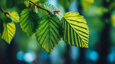 Bright young deciduous leaves hang from a small branch illuminated by strong sunlight casting detail across their deeply etched veins against a deep green and softly blurred blue background suggesting a tranquil woodland scene perfect for environmental concepts and nature appreciation.の写真素材