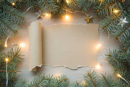 Parchment paper sits on a wooden surface surrounded by evergreen branches twinkling lights and star ornaments creating a festive christmas background perfect for holiday cards invitations or seasonalの写真素材