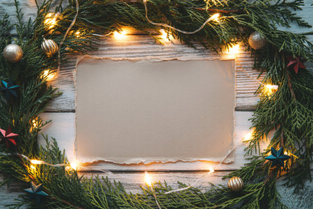 Christmas card mockup features a blank paper on a rustic wooden surface surrounded by evergreen branches lights and festive ornaments creating a warm holiday atmosphere perfect for seasonal greetingsの写真素材